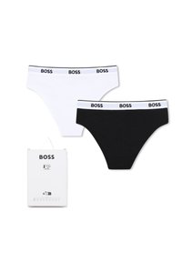 Dve pari bombažnih spodnjih hlačk, ena bela in ena črna, z elastičnimi pasovi okrašenimi z logotipi. Zapakirane v belo kartonsko škatlo z obeskom.