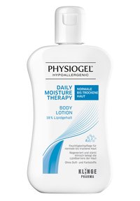 White plastic bottle of Physiocgel daily moisture therapy body lotion, featuring blue accents and liquid design patterns, labeled for normal to dry skin.