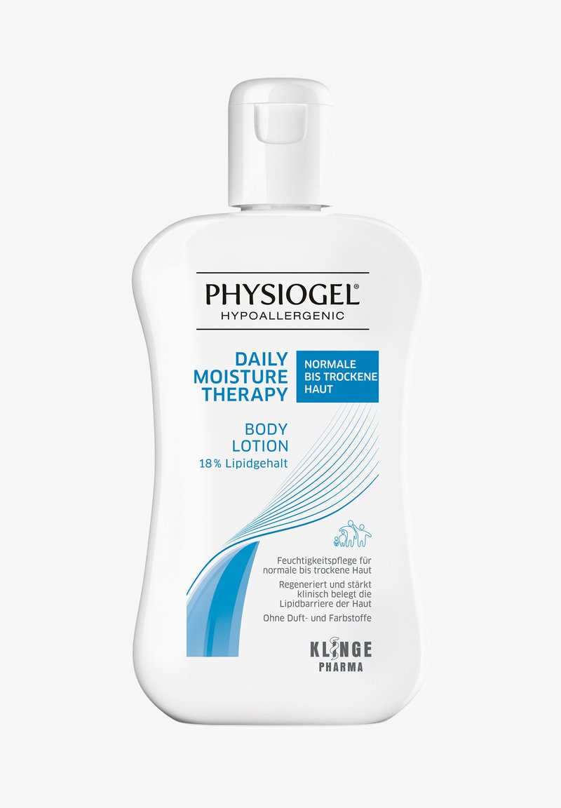 White plastic bottle of Physiocgel daily moisture therapy body lotion, featuring blue accents and liquid design patterns, labeled for normal to dry skin.