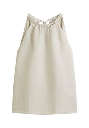 Hellbeige ärmelloses Top aus Leinen, mit gerafftem Ausschnitt und Bindebändern im Rücken, in lässigem Schnitt und mit glatter Textur.