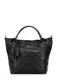 Sac fourre-tout en cuir noir avec des motifs embossés, accents en matériel doré, doubles poignées supérieures et un détail de pompon sur un côté.