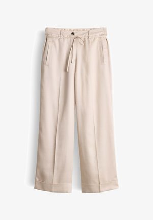 Pantaloni beige a gamba larga con vita a coulisse, chiusura con bottoni, tasche laterali e orli risvoltati, mostrati su sfondo bianco.