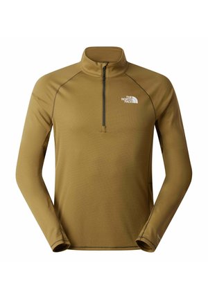 Ανοιχτό καφέ μακρυμάνικο πουλόβερ με φερμουάρ ως τη μέση και το λογότυπο The North Face στο αριστερό στήθος, σχεδιασμένο για υπαίθρια ή καθημερινή χρήση.