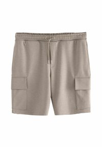 Shorts cargo beiges pour hommes en tissu doux, dotés d'une taille élastique avec cordon de serrage et de deux poches latérales pour le rangement.