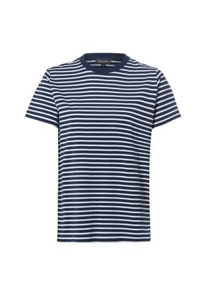 Granatowo-biała koszulka z krótkim rękawem w poziome paski, z okrągłym dekoltem i prostym dołem.
