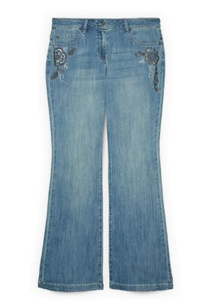 Blå denimjeans med udvidede ben og blomsterbroderi på de øverste forlommer, med knap- og lynlås lukning.
