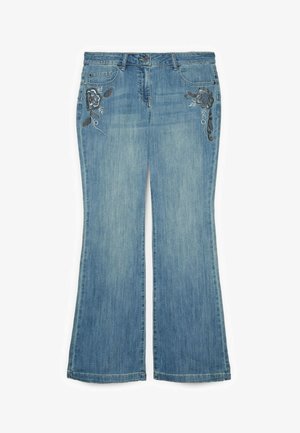 Jeans in denim blu con gambe a zampa e ricamo floreale sulle tasche anteriori superiori, con chiusura a bottoni e zip.