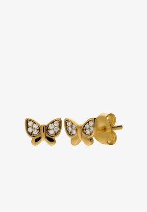 Boucles d'oreilles puces en forme de papillon en or avec de petites pierres précieuses blanches rondes incrustées sur fond blanc.