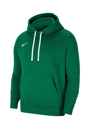 Grøn Nike hættetrøje med hvide snører, frontal kængurulomme og hvid Nike swoosh-logo på brystet.