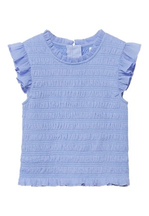 Lyseblå textureret babytop med flæseærmer og lukning med knap i nakken.