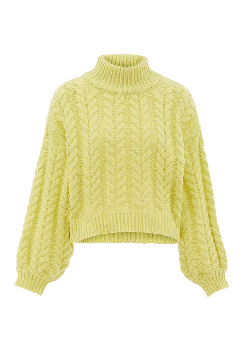 Gelbes, kurzes Sweatshirt mit hohem Kragen, das ein Zopfmuster und gerippte Bündchen sowie einen Saum aufweist. Weicher Stoff und übergroße Ärmel.