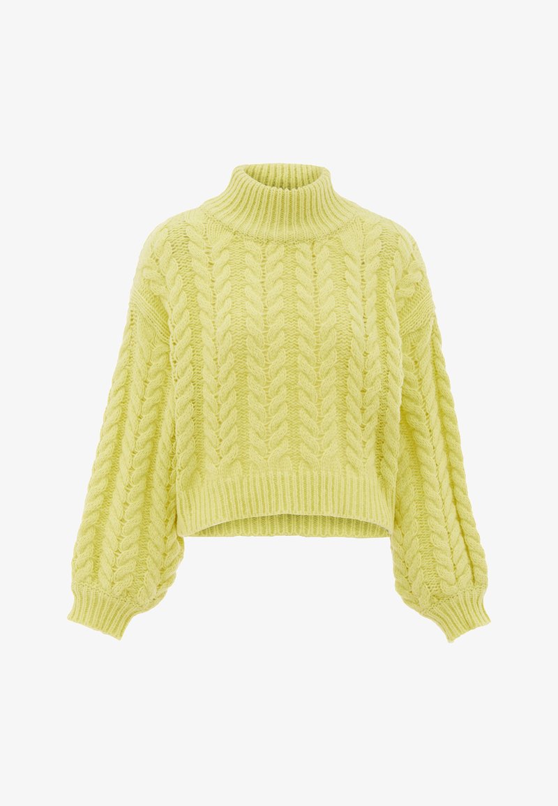 Yellow cropped sweater with a high neck, featuring a cable knit pattern and ribbed cuffs and hem. Soft texture and oversized sleeves.