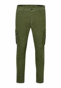 Olijfgroene corduroy cargo broek met knoop- en ritsluiting, riemlussen en flapzakken op elke bovenbeen.