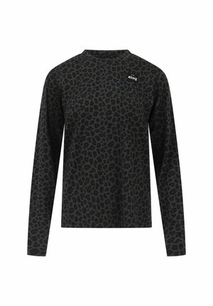 Zwarte top met lange mouwen en luipaardprint, voorzien van een ronde hals en een subtiele logo op de borst. Zachte stof met een gladde textuur.