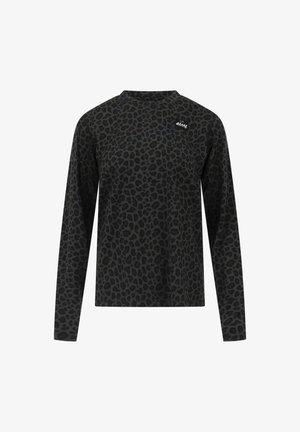 Long-sleeve black leopard print top with a round neckline and a subtle logo on the chest. Soft fabric with a smooth texture.
