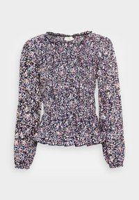 Blusa a maniche lunghe con vita arricciata, in tessuto nero con un motivo floreale multicolore e un dettaglio di scollo arricciato.