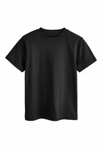 Schwarzes Baumwoll-T-Shirt mit kurzen Ärmeln und rundem Ausschnitt. Glatte Textur, einfaches Design ohne Muster oder Verzierungen.