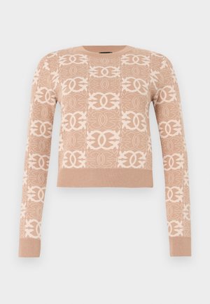 Pulover tricotat în bej deschis cu un model repetitiv subtil de forme împletite. Prezintă manșete lungi și o tivă cu nervuri.