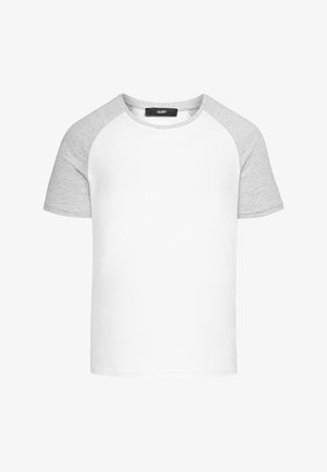 White T-shirt with light grey raglan sleeves, round neck, and soft cotton texture. Minimalist design without patterns or accents.