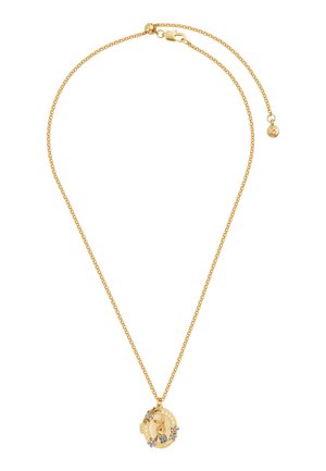 Goldene Halskette mit kleinem ovalem Medaillon mit Hasenillustration und dekorativen floralen Akzenten.