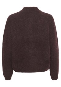 Burgundy knit sweater with a fuzzy texture, rounded neck, and long sleeves. The back is smooth with minimal seams, offering a relaxed fit.