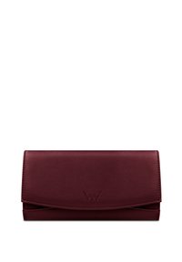 Burgundy leather wallet with a smooth texture, rectangular shape, and embossed logo on the front. Seam detailing along the edges.