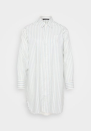 Striped long-sleeve shirt in white and light blue, featuring a button-down collar and a chest pocket with an embroidered logo. Soft fabric.