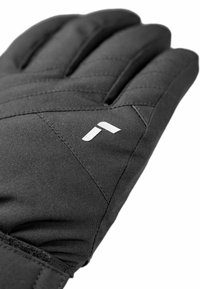 Schwarze isolierte Handschuhe mit einer strukturierten Oberfläche, die über gestepptes Design und ein kleines weißes Logo im Handgelenksbereich verfügen.