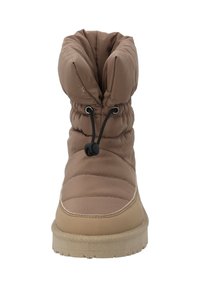 Braune, gepolsterte Stiefel mit einem geschnürten oberen Teil, ausgestattet mit schwarzem Zugkordel-Hardware, Gummisohle und strukturierten beigen Akzenten an der Unterseite.