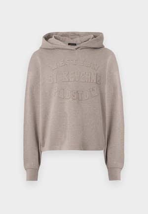 Beige väritetty huppari, jossa pitkät hihat ja etupuolella kohotettu teksti "Western St Keverne Padstow".