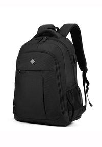 Sac à dos noir en tissu avec une surface texturée, doté de bretelles rembourrées, de plusieurs compartiments et d'une poche latérale en mesh.