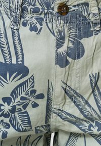 Shorts vert clair avec des motifs floraux bleu foncé. Dotés d'un système de fermeture à bouton et de détails de couture visibles. Fabriqués en tissu léger.