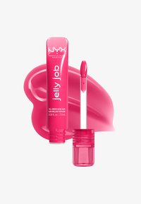 Tube de gloss à lèvres NYX Jelly Job rose vif avec applicateur, sur fond de trace brillante rose, étiqueté "gloss à brillance intense".