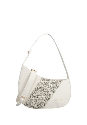 Sac à épaule blanc avec sangle ajustable et motif noir moucheté sur le panneau avant, petit détail de logo doré en bas à droite.