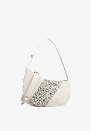 Sac à épaule blanc avec sangle ajustable et motif noir moucheté sur le panneau avant, petit détail de logo doré en bas à droite.