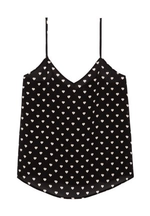 Sort ærmeløs camisole med tynde stropper og hvidt hjerteprint over det hele, med V-udskæring og let buet kant.