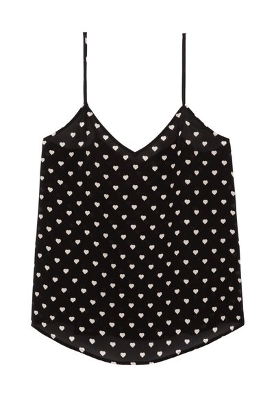 Schwarzes, ärmelloses Camisole mit dünnen Trägern und weißem Herzmuster auf der gesamten Fläche, mit V-Ausschnitt und leicht geschwungenem Saum.