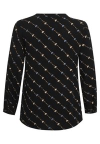 Black long-sleeve shirt featuring a diagonal floral pattern in blue, beige, and brown. Made from lightweight fabric with round neckline.