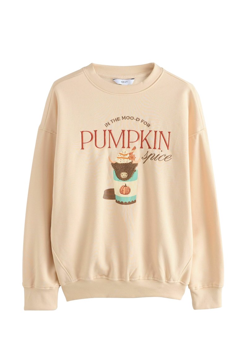 Sweat-shirt beige avec le texte « In the moo-d for pumpkin spice » et une illustration d'une boisson à la saveur de citrouille avec un visage de bison sur la tasse.