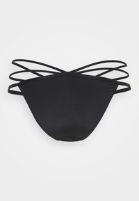 Zwarte bikini broek met meerdere dunne banden aan de achterkant. Glad materiaal met een minimalistisch ontwerp en een gecontourde vorm.
