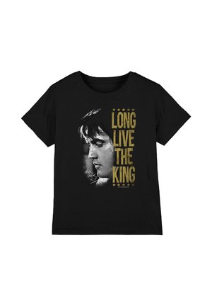 Black T-shirt with a side profile of Elvis Presley and gold text "LONG LIVE THE KING" surrounded by stars.
