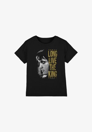 Black T-shirt with a side profile of Elvis Presley and gold text "LONG LIVE THE KING" surrounded by stars.
