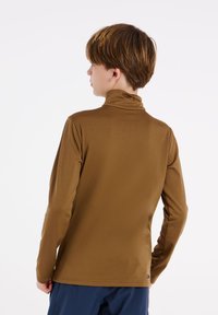 Langsleeve, slim fit coltrui van effen bruine stof. Soepele textuur zonder zichtbare patronen. Aanzicht van de achterkant, met details van de nek en schouders.