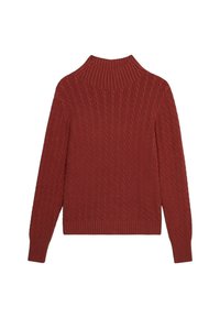 Suéter de punto trenzado en rojo óxido, con un alto cuello acanalado, mangas largas y un patrón texturizado en la parte posterior.