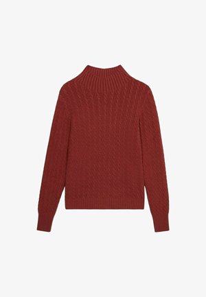 Kabelgebreide trui in roestbruin, met een hoge geribbelde kraag, lange mouwen en een textuurpatroon over de rug.