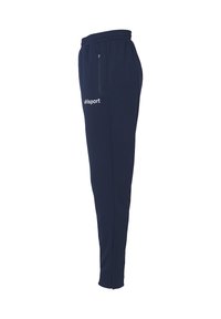 Marineblauwe joggingbroek gemaakt van zachte stof, met een rechte snit, een elastische tailleband en een zijzak met een rits.