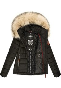 Black puffer jacket with a fur-lined hood, featuring quilted texture, red accents, and multiple interior pockets. Branding visible inside.