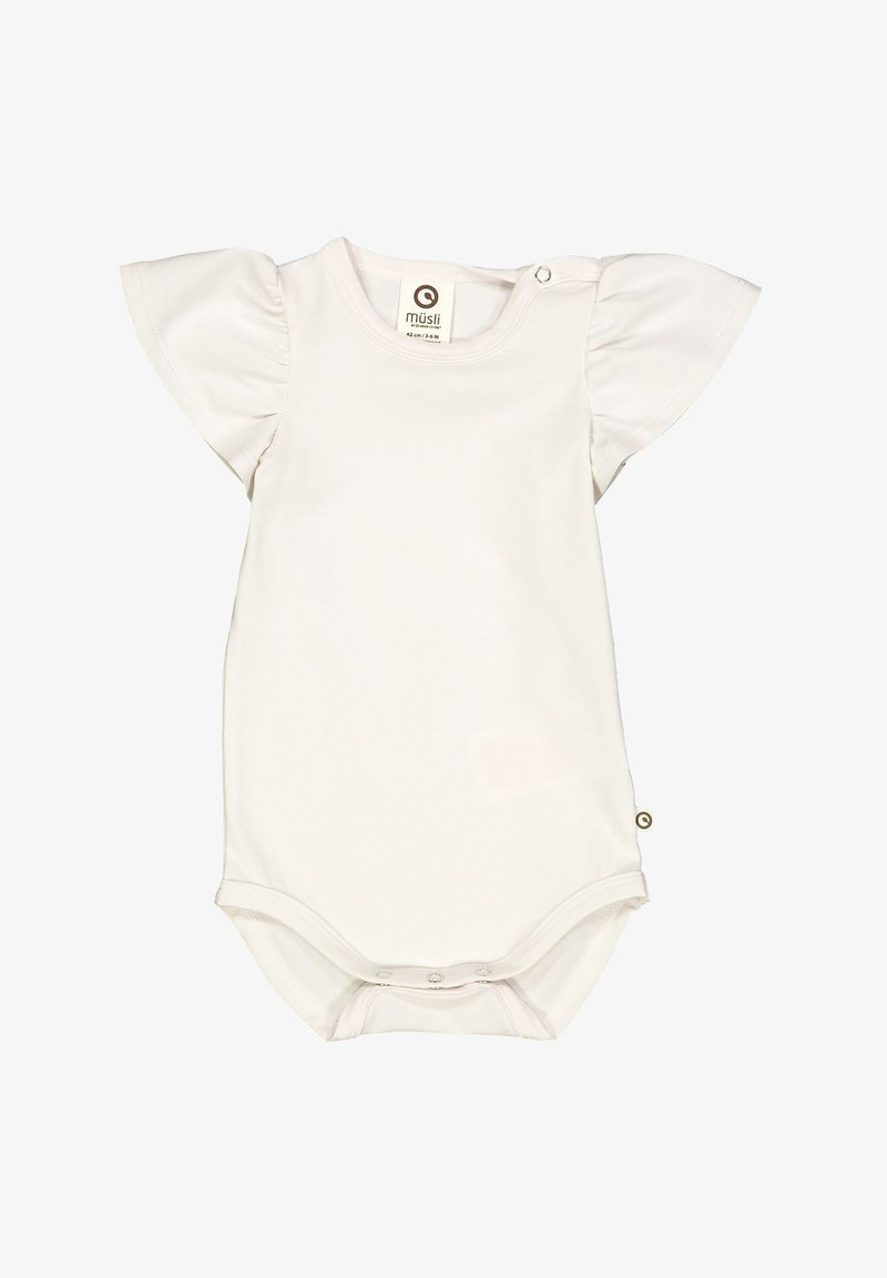 Běloskvoucí dětský body s volánovými rukávy, patentky na rameni a knoflíky na spodní části pro snadné oblékání. Měkká, hladká textura.