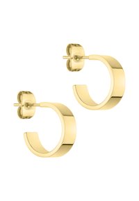 Gouden creolen met een gepolijste afwerking, cirkelvorm, en een sluiting met een bloemvormig accent voor een veilige houvast.