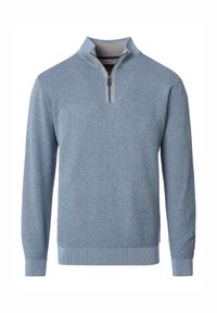 Hellblauer Strickpullover mit halbem Reißverschluss am Kragen, verfügt über eine strukturierte Stoffoberfläche sowie gerippte Bündchen und Saum. Legeres Design, das sich gut zum Layern eignet.